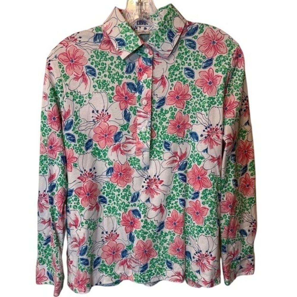 Leon Levin Bright Floral Long Sleeve Polo Shirt White Pink Long Sleeve  P Medium